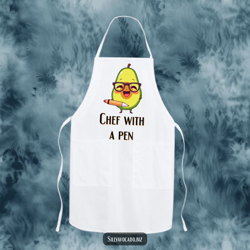 Funny apron showing an avocado with spectacles, laughing while holding a large pen, adding wit to cooking.