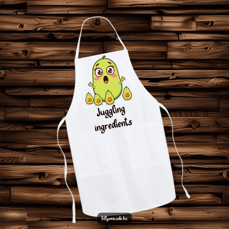 Funny apron with a surprised avocado character juggling three baby avocados while wearing a chef's hat.