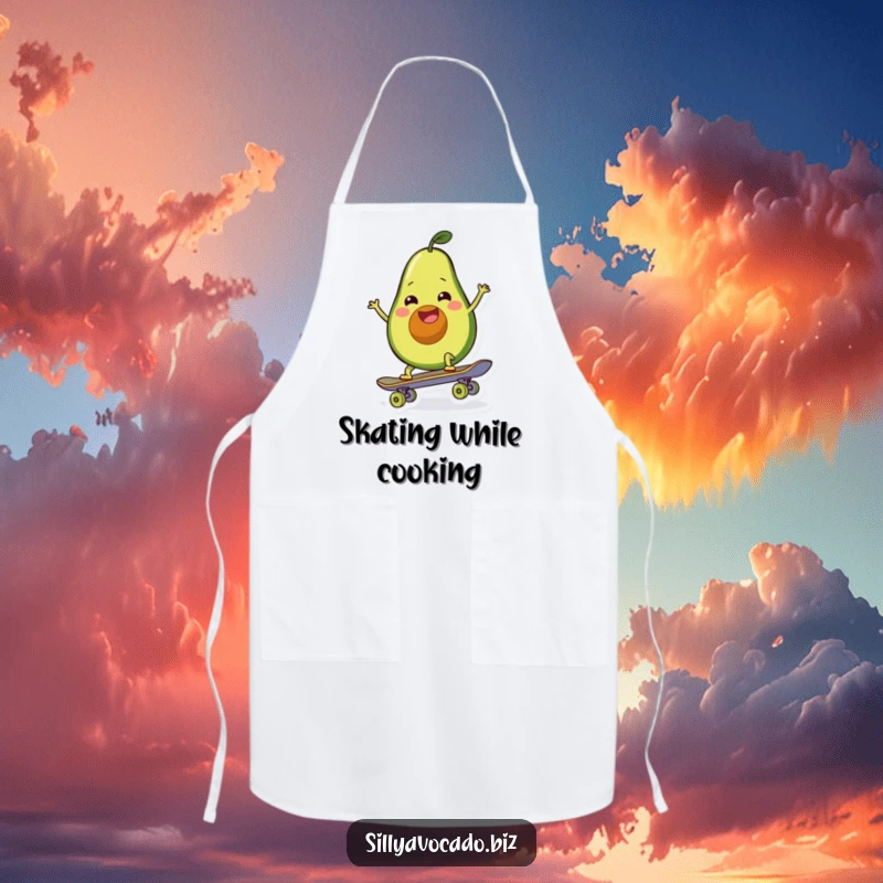 Funny apron showcasing a smiling avocado attempting to skateboard while cooking, adding humor to meal prep.