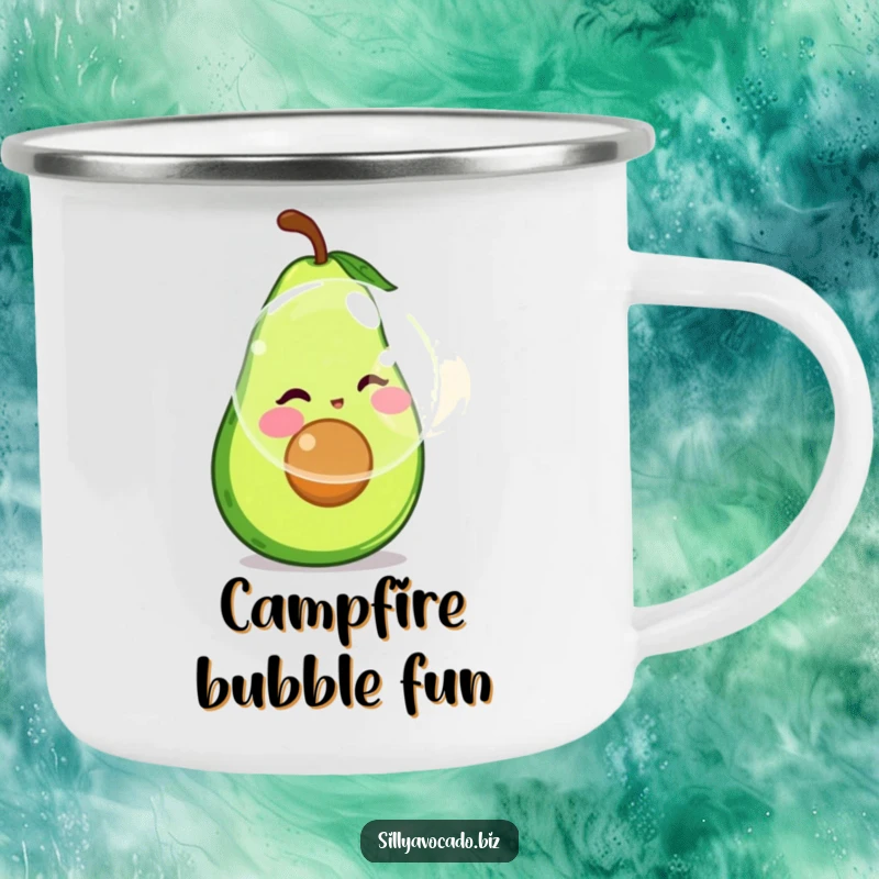 Funny camping mug featuring a rosy-cheeked avocado blowing a giant bubble in a natural setting.