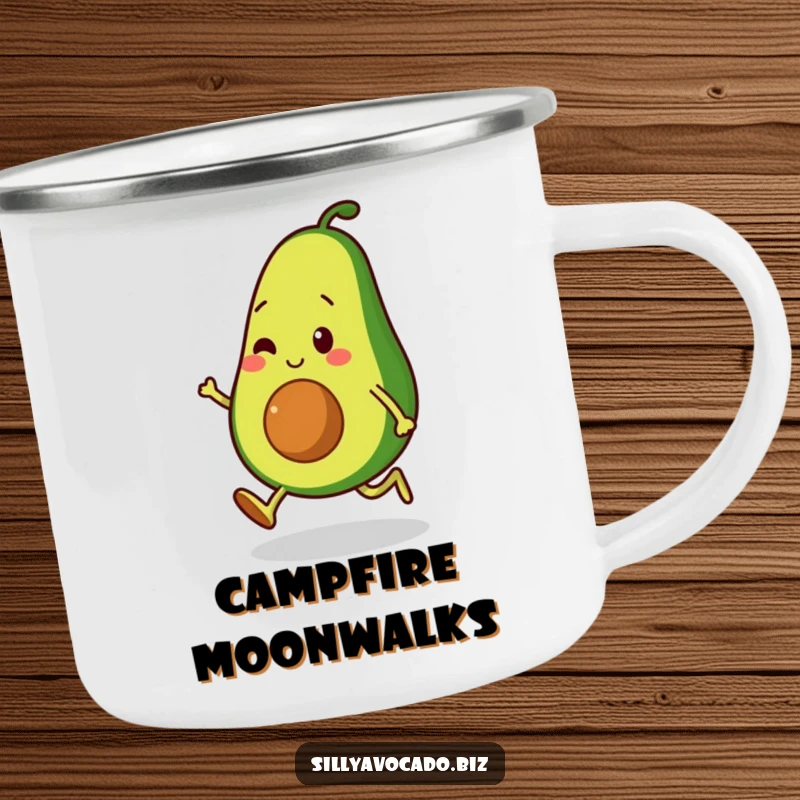 Funny camping mug featuring an avocado character moonwalking with small, bouncy legs, perfect for fun outdoor moments.