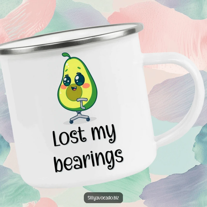 Funny dizzy avocado character spinning in a tiny office chair, durable camping mug for hot or cold beverages.