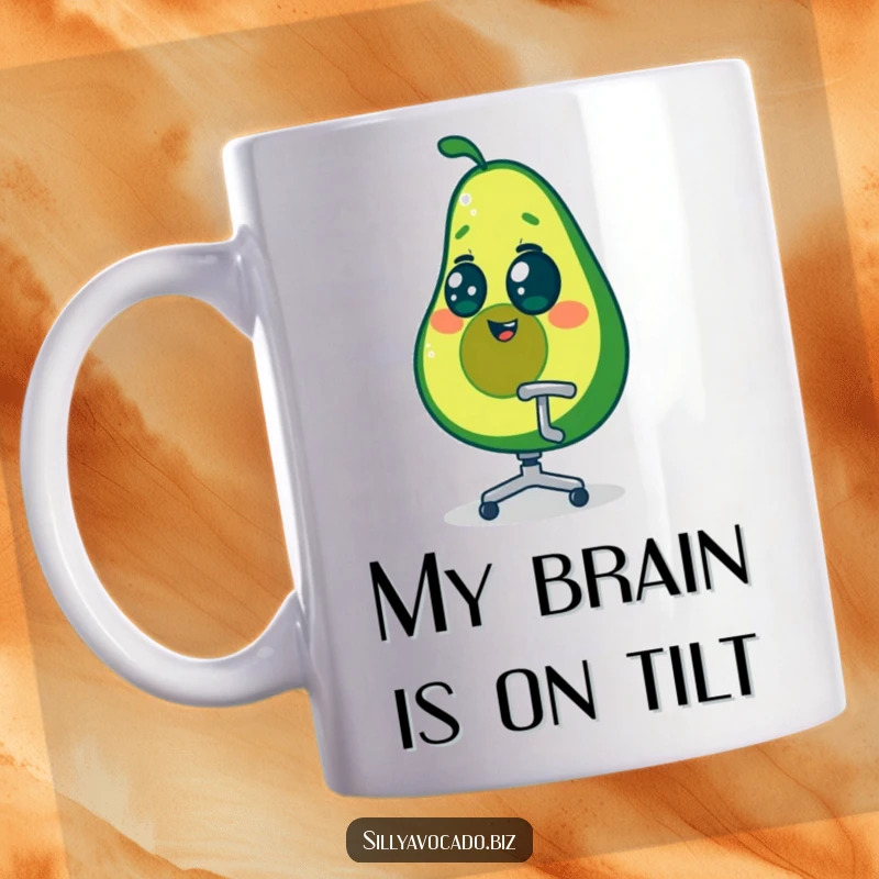 Funny dizzy avocado character spinning wildly in a tiny office chair, eyes swirling, on a ceramic mug.