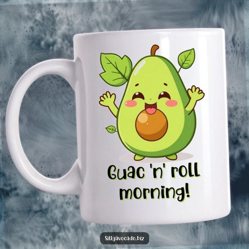 Funny mug featuring a giggling avocado character with leafy arms waving enthusiastically, spreading joy and humor.