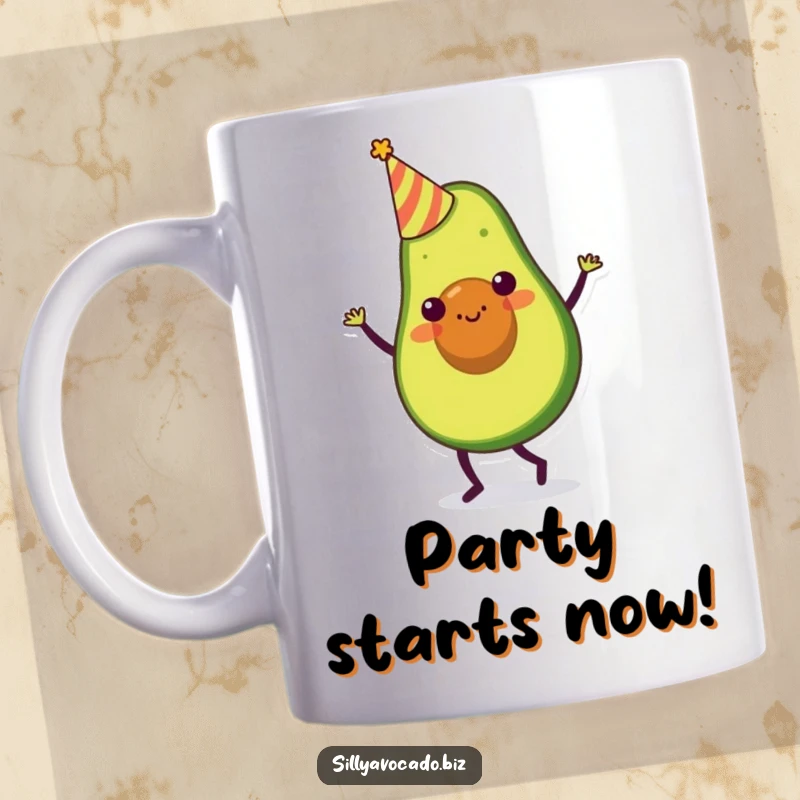 Funny mug featuring a smiling avocado character wearing a tiny party hat and doing a silly dance, full of festive cheer.