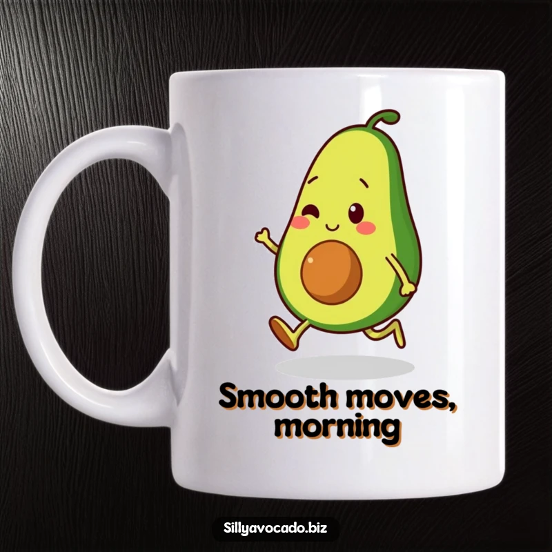 Funny mug featuring an avocado character performing a moonwalk with small, bouncy legs, showcasing smooth and humorous dance moves.