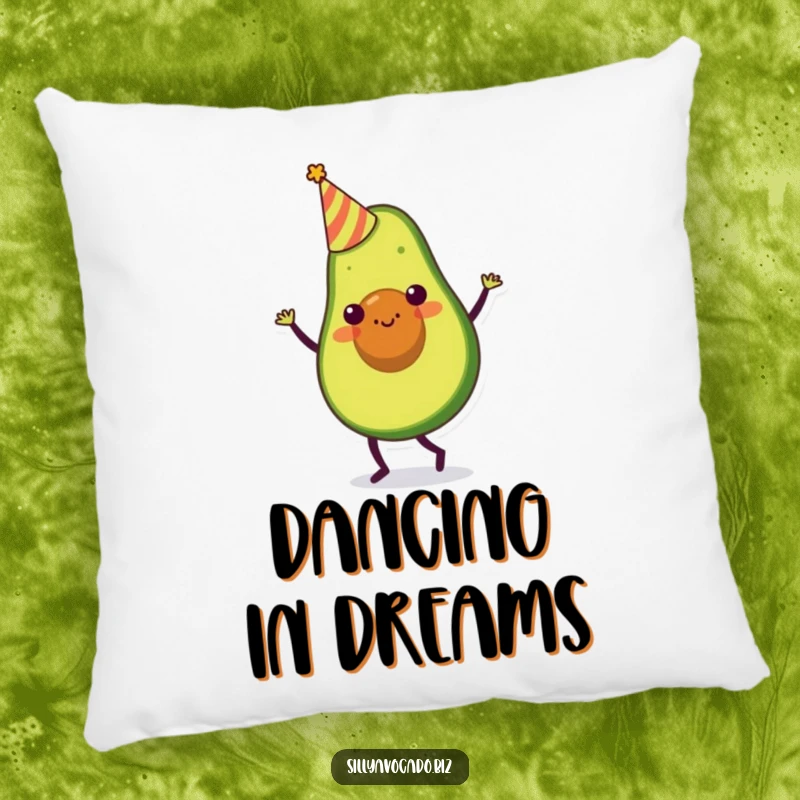 Funny pillow featuring a festive avocado character in a small party hat, doing a silly dance with comfortable charm.