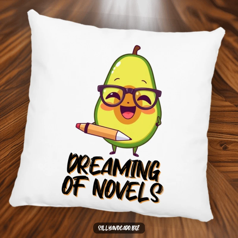 Funny pillow with an avocado wearing tiny spectacles, laughing and holding a large pen for cozy intellectual comfort.
