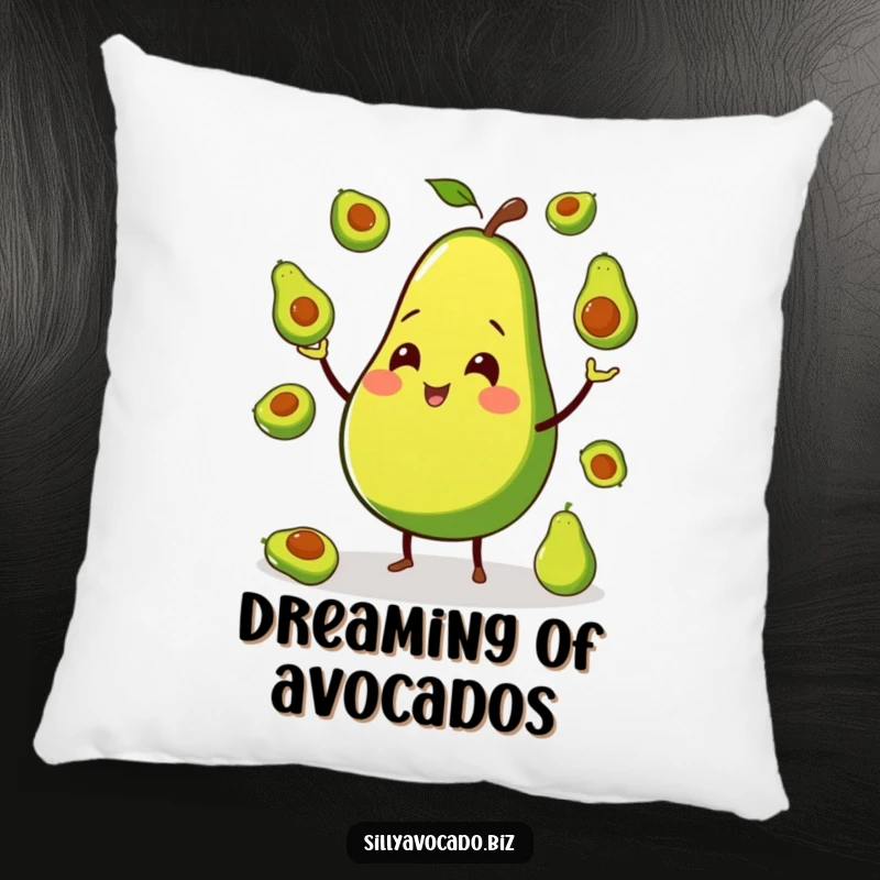 Funny pillow with a smiling avocado on tiny legs, joyfully juggling miniature avocados for cozy comfort.