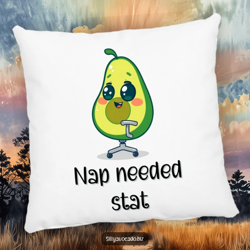 Funny dizzy avocado character, eyes swirling, spinning in a tiny office chair, depicted on a soft decorative pillow.