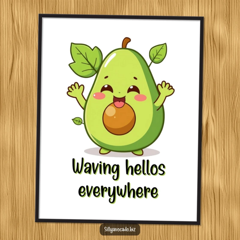 Funny digital art print of a giggling avocado character with leafy arms waving enthusiastically, a vibrant and humorous printable.