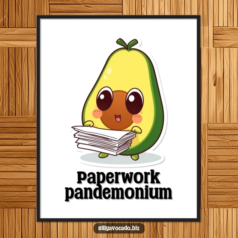 Funny surprised avocado character with wide eyes, scattering papers, as a high-resolution digital art print.