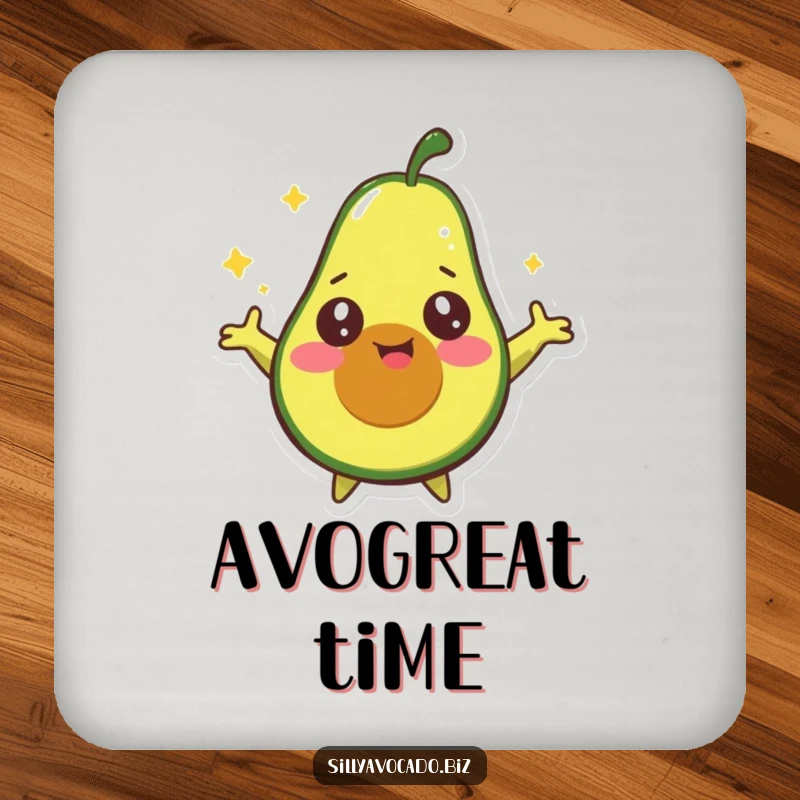 Funny Dizzy Avocado Drink Coaster featuring a happy avocado with starry eyes spinning around with its arms outstretched, adding whimsical and humorous protection.