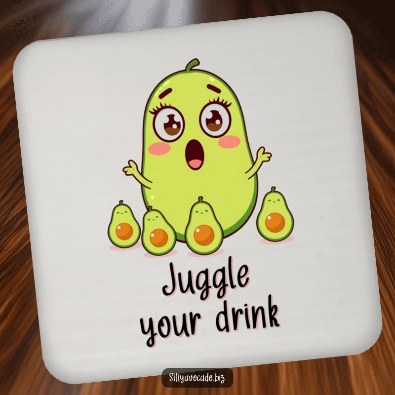 Funny drink coaster featuring a surprised avocado juggling three baby avocados, adding a comical flair to drinks.