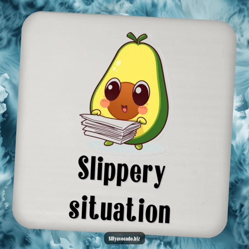 Funny surprised avocado character with wide eyes, dropping papers, on a humorous drink coaster.