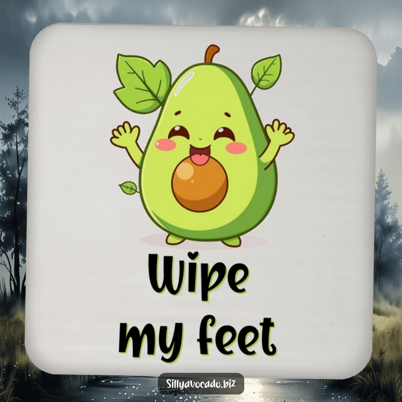 Funny coaster featuring a giggling avocado character with its leafy arms waving enthusiastically, protecting surfaces with humor.
