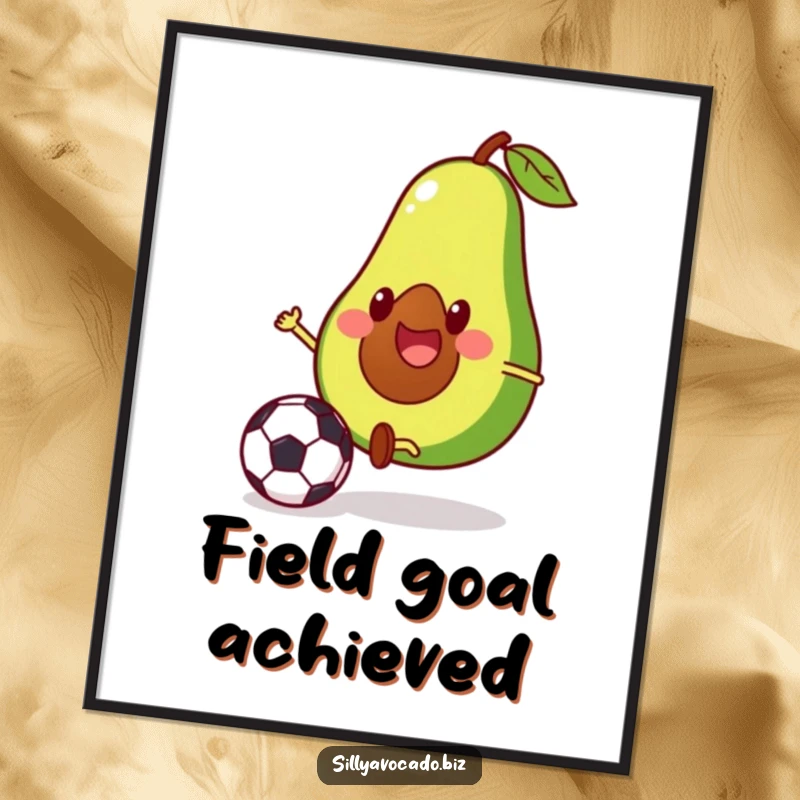 Funny poster depicting a dynamic avocado with little legs mid-kick, playing a lively game of soccer.