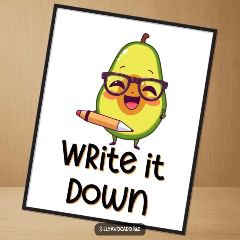 Funny poster art of an avocado wearing tiny spectacles, laughing heartily, holding a large pen, embodying witty intellect.