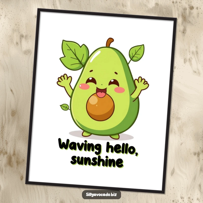 Funny poster showcasing a giggling avocado character with leafy arms waving enthusiastically, a cheerful and funny piece of wall art.