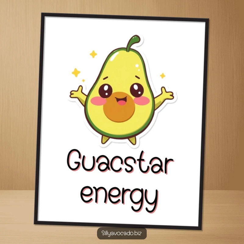 Funny Starry Avocado Poster depicting a happy avocado with wide, starry eyes spinning around joyfully with its arms outstretched, full of whimsy.
