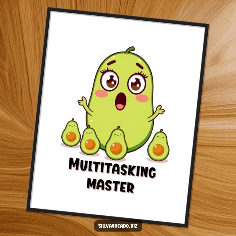 Funny poster art of a surprised avocado with round eyes juggling smaller avocados, creating a comical scene.