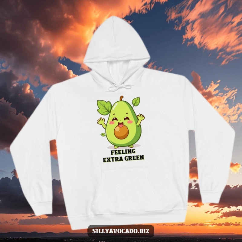 Funny hoodie featuring a happy giggling avocado character with its leafy arms waving enthusiastically, a warm and humorous design.
