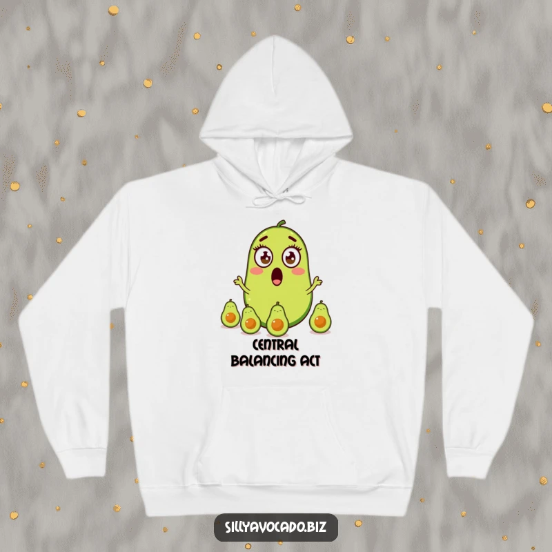 Funny hoodie with a wide-eyed avocado attempting to juggle three smaller avocados, expressing surprise and skill.