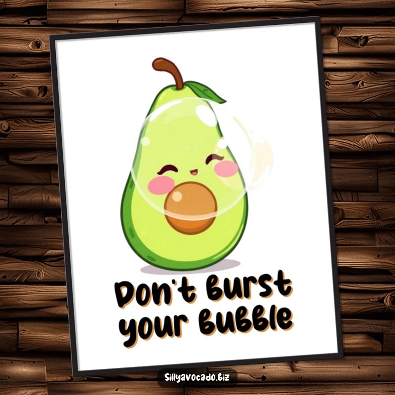 Funny Free Printable Wall Art of an avocado with rosy cheeks playfully blowing a giant bubble, adding whimsical delight.