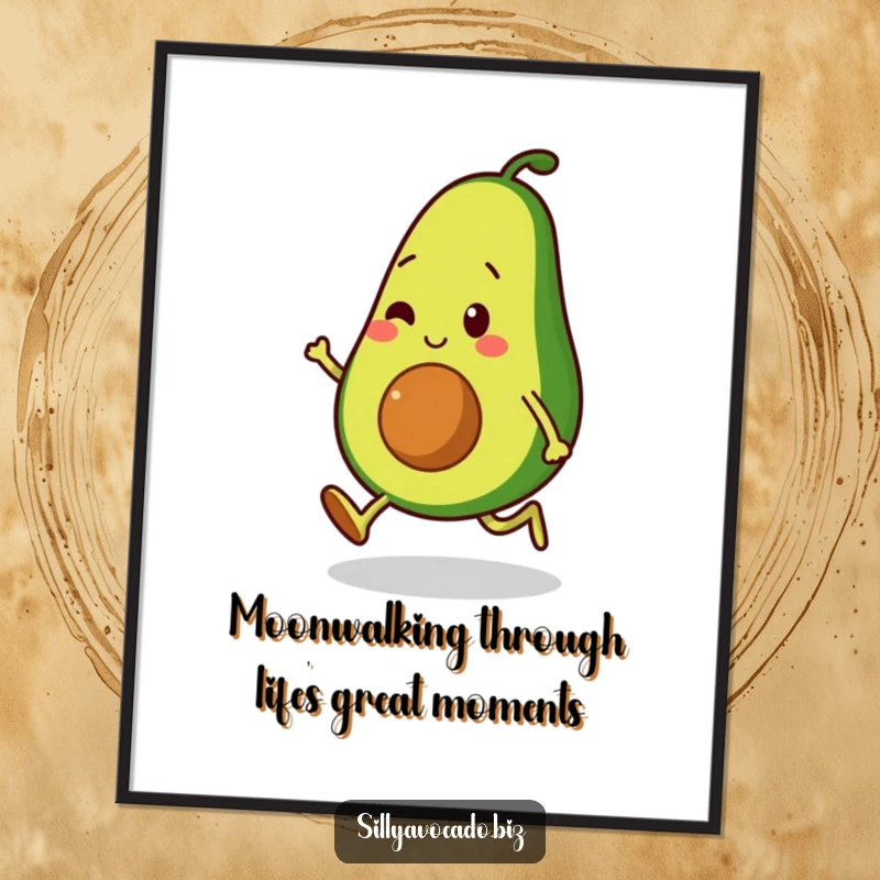 Funny Free Printable Wall Art: An avocado character in mid-moonwalk, showcasing smooth moves and retro coolness.