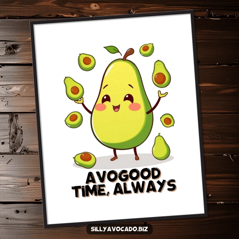 Funny Free Printable Wall Art: Smiling Avocado with Small Legs Juggling Miniature Avocados, Quirky Art