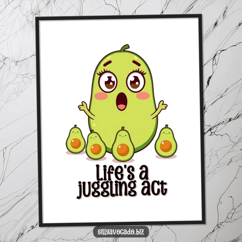 Funny Free Printable Wall Art featuring a surprised avocado with wide eyes comically juggling smaller avocados, a masterpiece of delightful chaos.