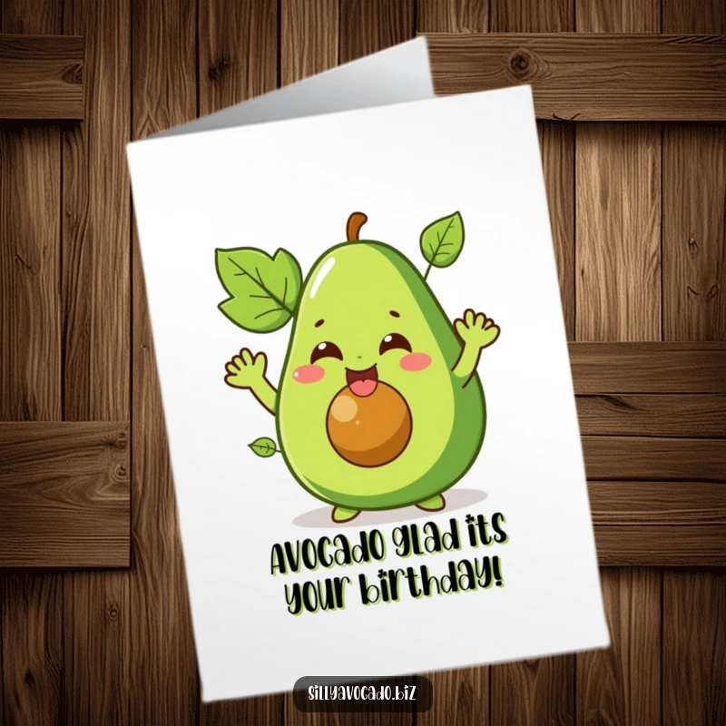 Funny Free Printable Birthday Card: Giggling avocado with leafy arms waving hello, spreading birthday cheer and silliness.