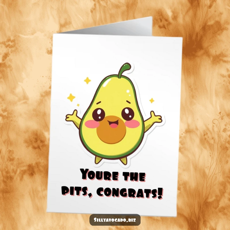 Funny Free Printable congratulations card showing a happy avocado with starry eyes spinning enthusiastically, celebrating a great achievement.