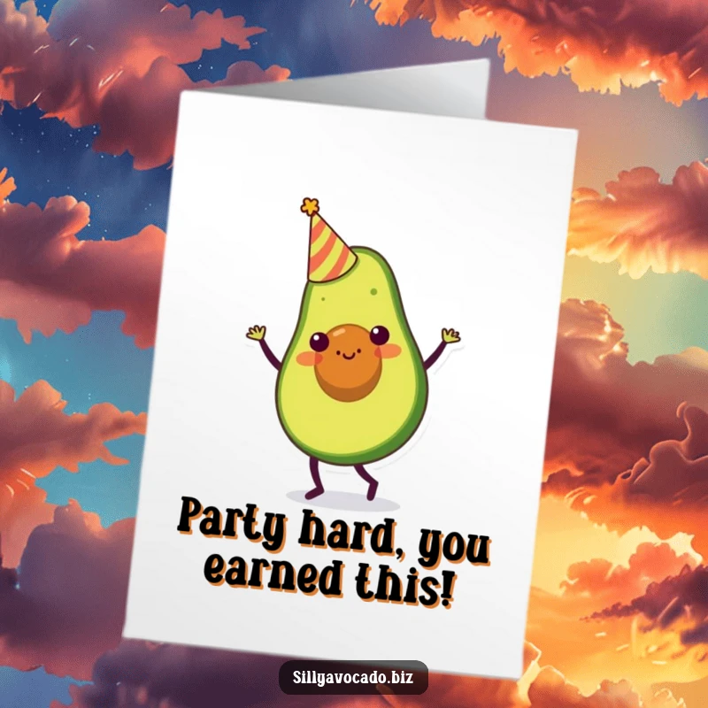 Funny Free Printable Congratulations Card: An avocado in a party hat, doing a happy dance to celebrate success.