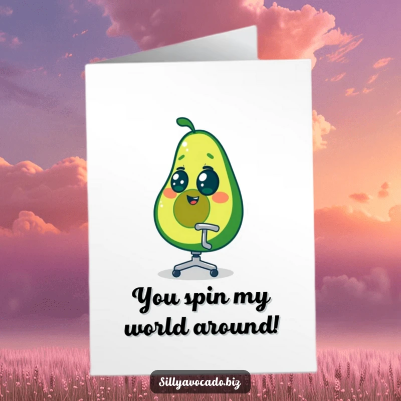 Funny free printable congratulations card: a dizzy avocado character with swirling eyes, spinning in a tiny office chair, symbolizing chaotic success.
