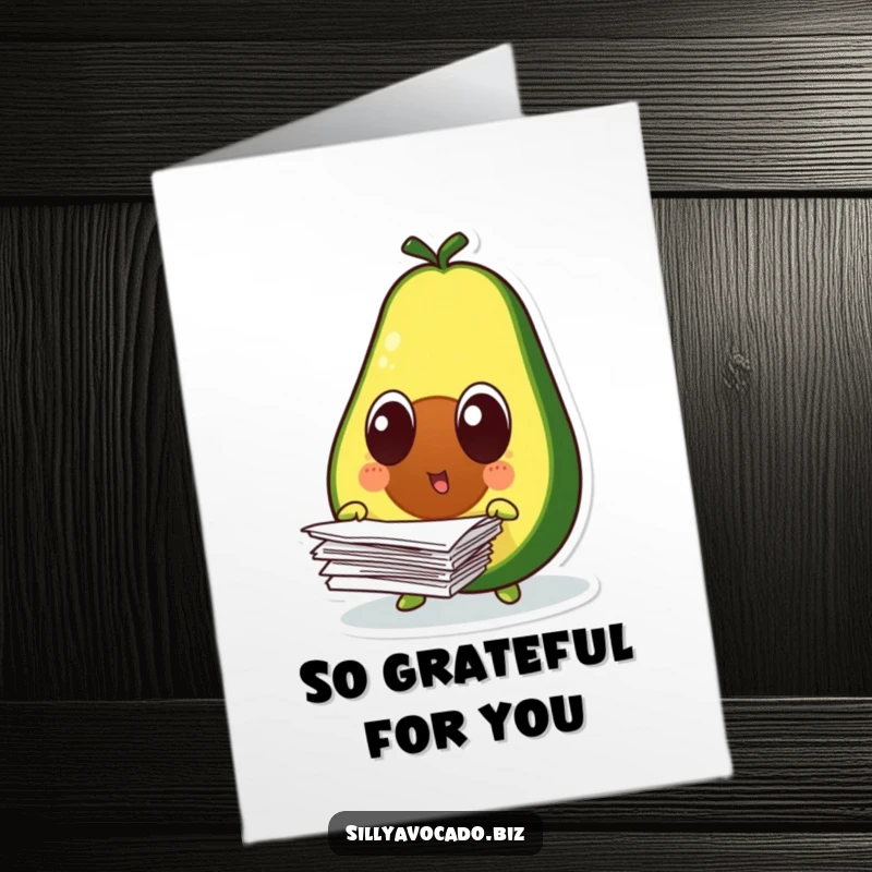 Funny free printable thank you card: a surprised avocado with wide eyes, dropping papers, conveying thanks through comical office chaos.