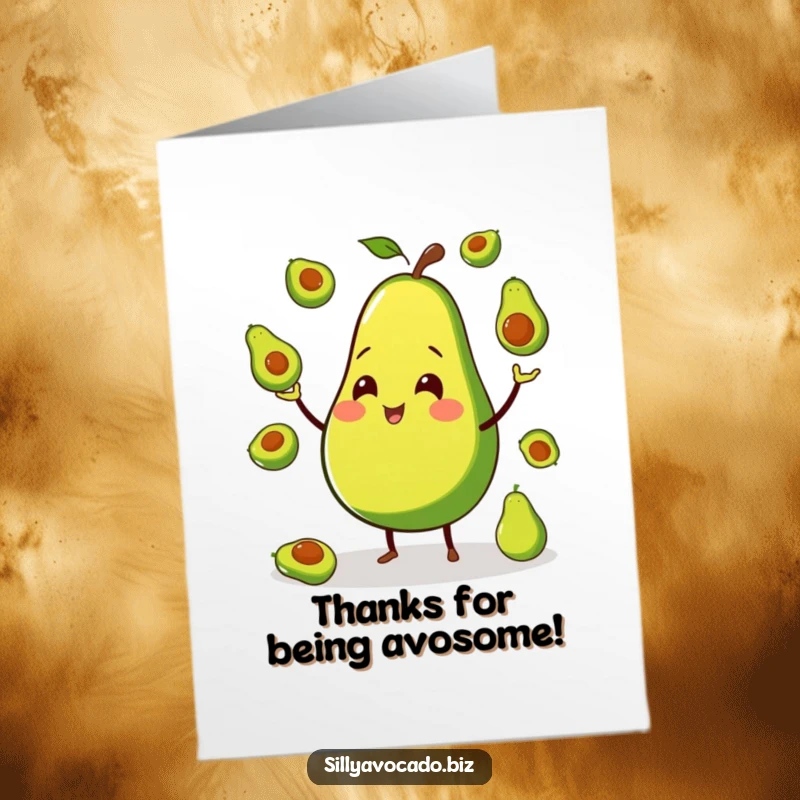 Funny Free Printable Thank You Card: Smiling Avocado with Small Legs Juggling Miniature Avocados, Thank You