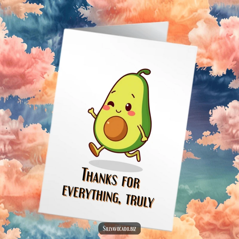 Funny Free Printable Thank You Card: A smooth avocado character moonwalking, expressing thanks with a groovy dance.