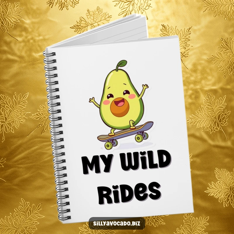 Funny notebook featuring a happy, wiggling avocado trying to ride a skateboard, perfect for jotting down ideas.