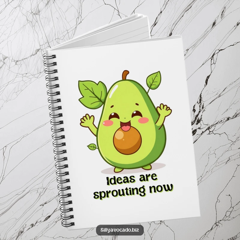 Funny notebook with a giggling avocado character whose leafy arms are waving enthusiastically, perfect for jotting down fun ideas.