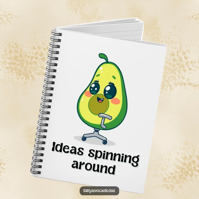 Funny dizzy avocado character spinning in a tiny office chair, on the cover of a notebook for writing.