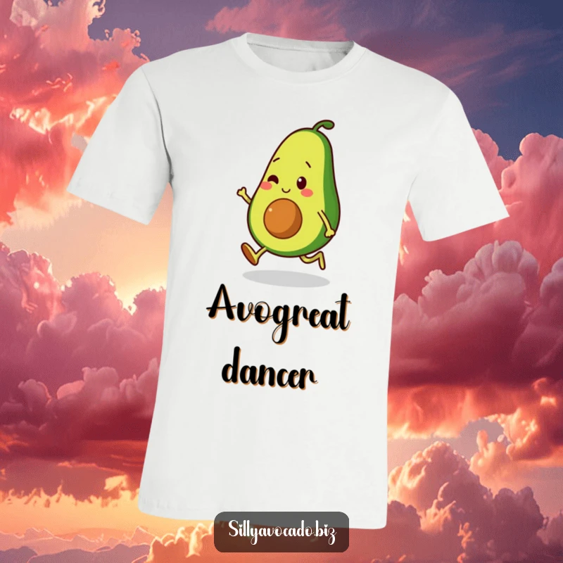 Funny t-shirt showcasing an avocado character smoothly moonwalking with small, bouncy legs, radiating retro dance vibes.