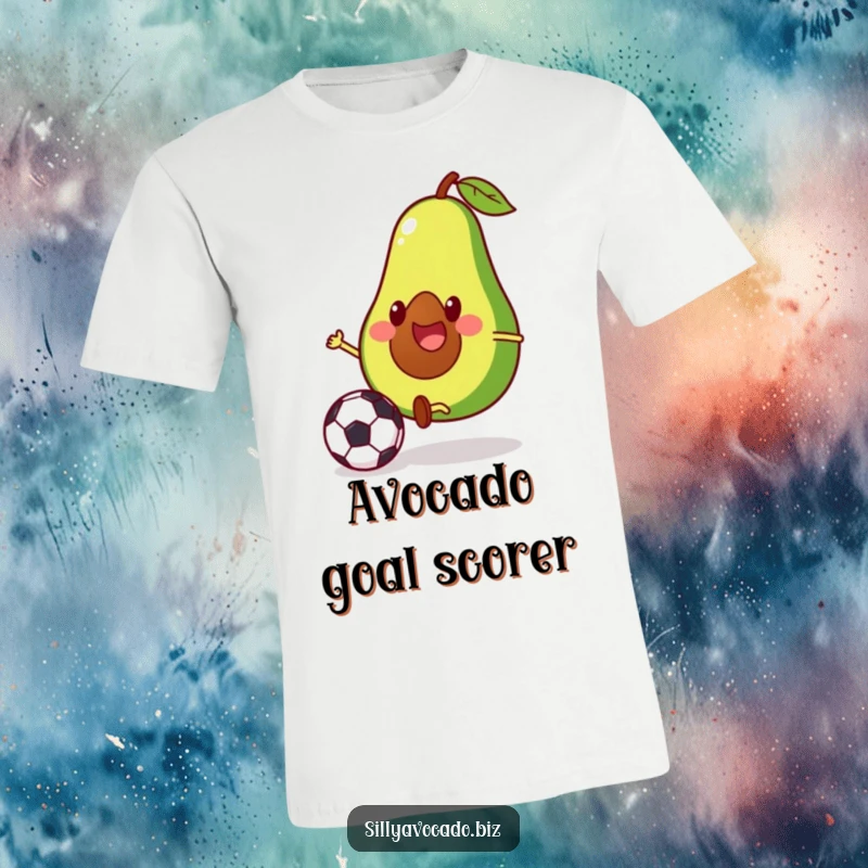 Funny t-shirt showcasing a happy avocado with small legs playing soccer and skillfully kicking a ball.