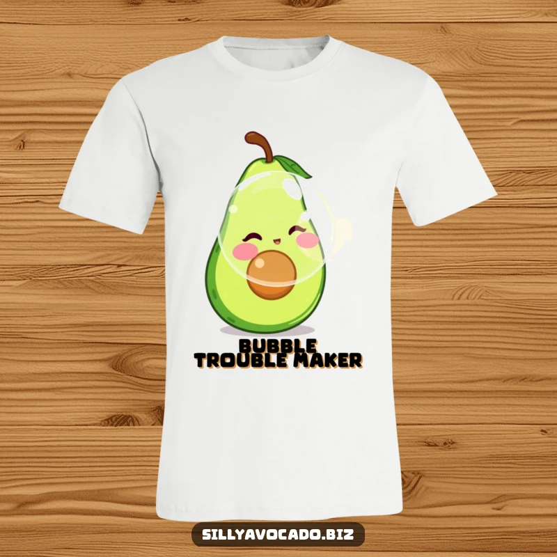 Funny t-shirt depicting a rosy-cheeked avocado joyfully blowing a large, shimmering bubble.
