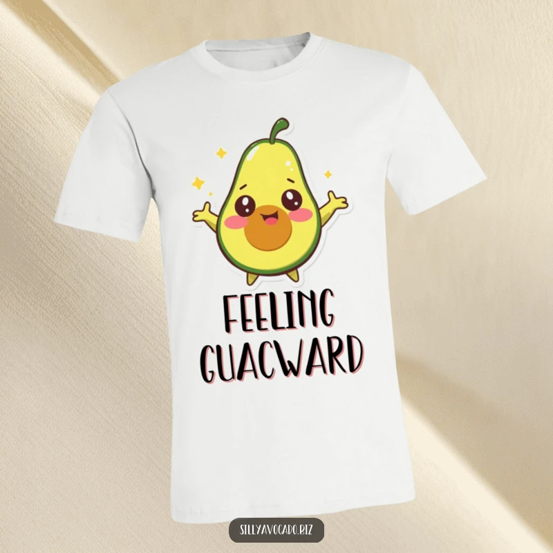 Funny Dizzy Avocado T-Shirt featuring a happy avocado with starry eyes spinning around energetically with its arms wide open.