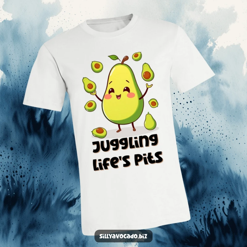 Funny t-shirt featuring a smiling avocado with legs, actively juggling miniature avocados with a cheerful demeanor.
