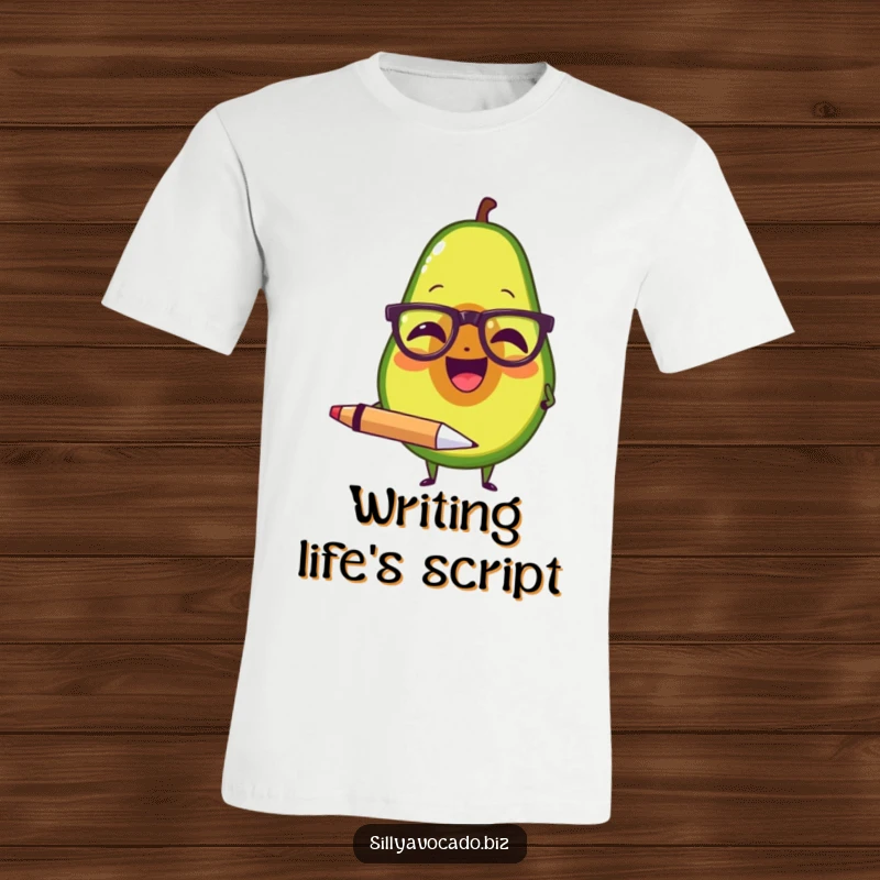 Funny t-shirt featuring an avocado in tiny spectacles, laughing joyfully while gripping a comically large pen.