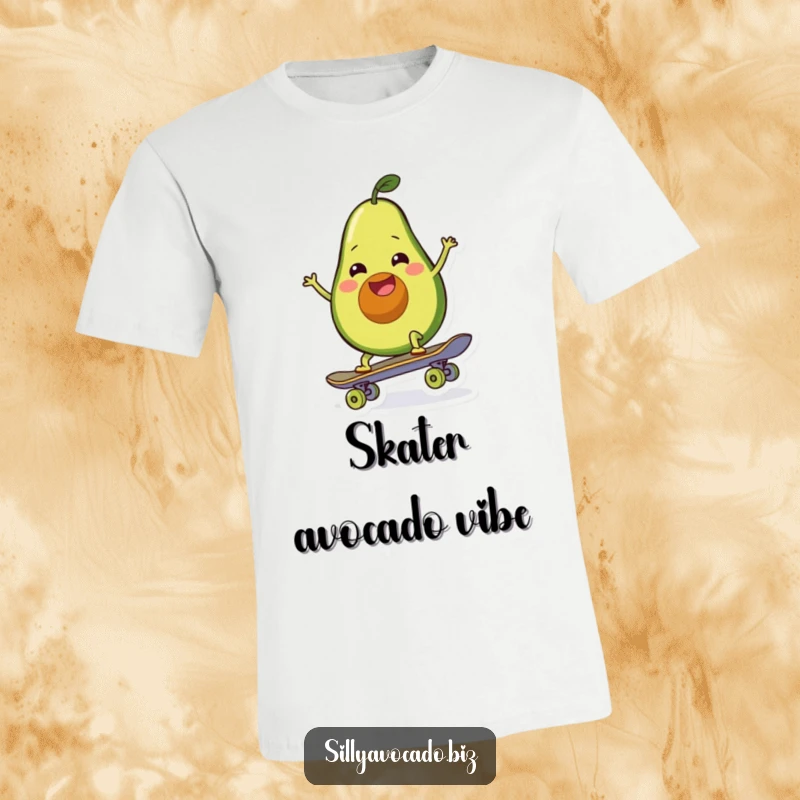 Funny t-shirt depicting a smiling avocado wobbling as it tries to balance on a skateboard.