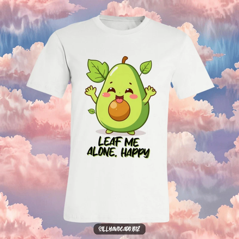 Funny t-shirt showcasing a giggling avocado character with adorable leafy arms waving enthusiastically, radiating pure amusement.
