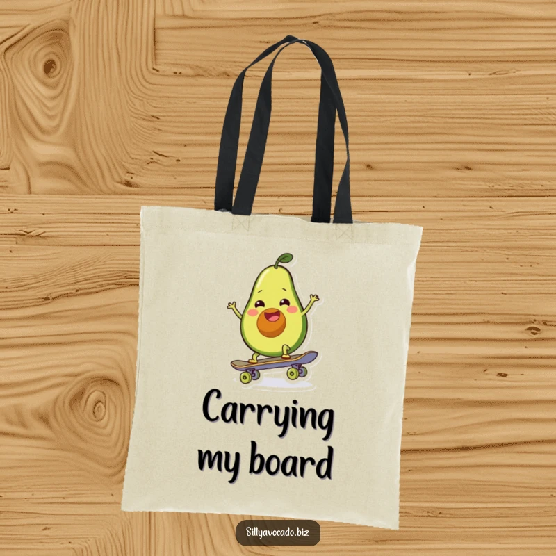 Funny tote bag showing a happy avocado wobbling precariously while trying to skateboard, full of joy.